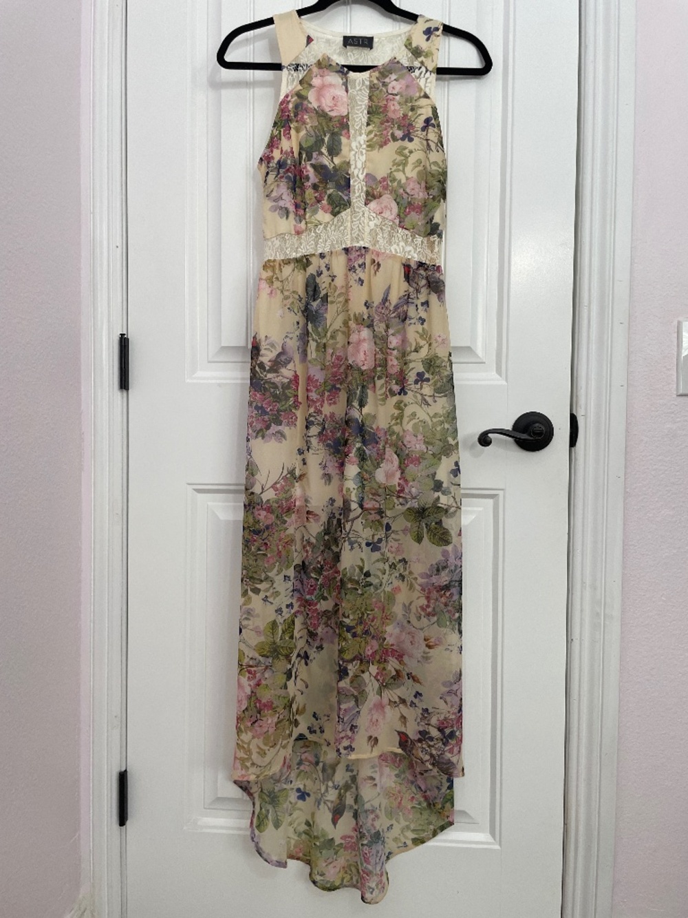 ASTR Cream & White Floral Bird Print Sheer Lace High-Low Dress XS